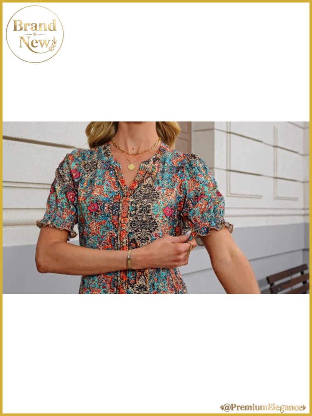 Women's V-Neck Puff Sleeve T-Shirt Summer Blouse Stretchy Knit - Picture 6 of 6